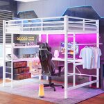 Lit mezzanine 140x200 cm - avec �clairage led - bureau en l - 3 tiroirs - ports usb - �tag�re - escalier ...