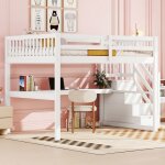 Lit mezzanine 140x200 cm lit enfant avec �chelle de rangement et bureau pin mdf blanc sans matelas