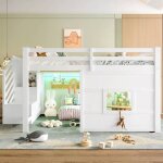 Lit mezzanine 140x200 cm avec escalier de rangement fen�tre et led int�gr�e structure bois blanc