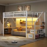 Lit mezzanine 140x200 cm - langtu - escalier rangement - m�tal & mdf - led connect�e - blanc