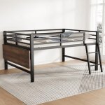 Lit mezzanine 140x200 cm avec led bureau pliable garde corps �chelle m�tal noir sans matelas