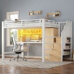 Lit mezzanine 140x200 cm m�tal blanc lit double lit adulte avec led bureau �tag�re penderie et escalier ...