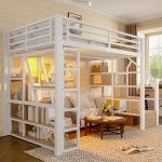 Lit mezzanine 140x200 cm m�tal blanc avec �clairage led escalier int�gr� et garde - corps lit ado ou ...