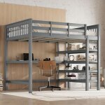 Lit mezzanine 140x200 cm en pin massif et mdf gris avec bureau int�gr� et �tag�res ? style minimaliste ...