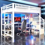 Lit mezzanine 140x200 cm structure en fer �chelle avec rangement bureau bande lumineuse led port usb ...