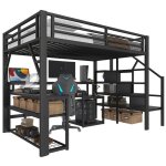 Lit mezzanine 140x200 cm structure fer noir escalier & bureau rangement �clairage led port usb rambarde ...