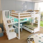 Lit mezzanine 140x200 lit enfant cabane avec bureau escalier et tiroirs de rangement bois mdf et pin ...