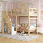 Lit mezzanine 140x200 - escalier avec armoire - bois massif - 2 places - style scandinave