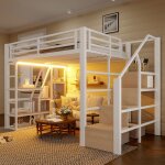 Lit mezzanine 140x200 en fer avec ledlit enfant avec �chelle et int�gr�es espace rangement ouvert sous ...