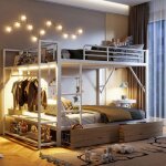 Lit mezzanine 140x200 - langtu - cadre m�tal & mdf - led int�gr�e - penderie - 2 tiroirs