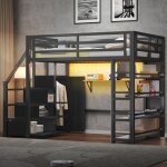 Lit mezzanine - mezzanine 140x200 - m�tal noir - �tag�res & armoire avec penderie - led bluetooth escaliers ...
