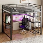 Lit mezzanine 140x200 noir m�tal avec bureau tiroirs �tag�res rampe et �clairage led (sans matelas)
