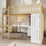 Lit mezzanine 140x200 en pin avec bureau armoire 3 tiroirs et escalier naturel