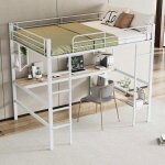 Lit mezzanine 140x200cm 2 place adulte avec bureau et �tag�res cadre en fer hauteur r�glable blanc