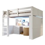 Lit mezzanine 140x200cm blanc - �clairage led - armoire bureau tiroirs - rangement int�gr� sans matelas ...