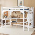 Lit mezzanine 140x200cm - bois blanc - bureau en l - 2 places - montage facile - design enfant