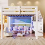 Lit mezzanine 140x200cm lit enfant avec �clairage led lit 2 places �chelle de rangement et compartiments ...