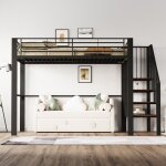 Lit mezzanine 140x200cm lit enfant avec escalier de rangement s�curis� lit double avec sommier � lattes ...