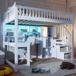 Lit mezzanine 140x200cm avec lumi�res led �chelle de rangement �tag�res compartiments de rangement bureausans ...