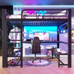 Lit mezzanine 140x200cm m�tal lit adulte avec bande lumineuse led lit double avec �tag�res table en bois ...