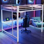 Lit mezzanine 160x200 cm avec bureau led et station usb structure m�tal et mdf blanc pour chambre