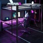 Lit mezzanine 160x200 cm avec bureau led et station usb structure m�tal et mdf noir pour chambre