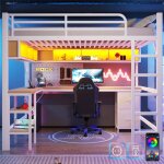 Lit mezzanine 2 places 140x200 led avec app prise et usb lit gamer m�tal adulte avec bureau compartiments ...