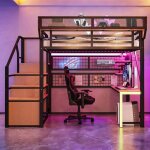Lit mezzanine 2 places 140x200 avec led et usb lit enfant avec bureau et �tag�re de rangement amovible ...