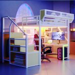 Lit mezzanine 2 places 140x200 avec led et usb lit enfant en m�tal avec bureau et �tag�re de rangement ...