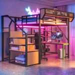 Lit mezzanine 2 places 140x200 avec led et usb lit enfant en m�tal avec bureau et �tag�re de rangement ...