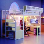 Lit mezzanine 2 places 140x200 avec led et usblit enfant avec bureau et �tag�re de rangement amovibleavec ...