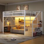 Lit mezzanine 2 places 140x200cm lit double avec bande led lit adulte avec �chelle de rangementsommier ...