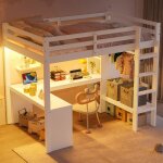 Lit mezzanine 2 places avec �tag�res et bureau lit mezzanine 140x200 pour enfant avec �clairage led et ...