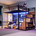 Lit mezzanine 2 place en fer avec led et �chelle de rangement lit superpos� enfant 140x200 avec penderie ...