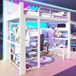 Lit mezzanine 2 place en fer avec led lit enfant 140x200 avec descalier rangement noir(sans matelas)