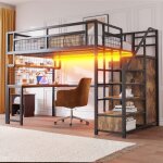 Lit mezzanine 2 place avec led et table lit enfant 140x200 avec �chelle de rangement et armoire en m�tal ...