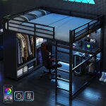 Lit mezzanine 2 places m�tal 160x200 avec led contr�le par app multiprise usb lit gamer adulte avec bureau ...