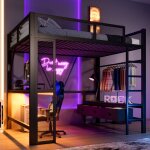 Lit mezzanine 2 places avec usb et led lit enfant 140x200 avec bureau penderie ouverte et 3 tiroirs en ...