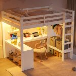 Lit mezzanine 2 place avec usb et led lit enfant 140x200 avec �tag�res multifonctions et bureau sous ...