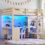 Lit mezzanine 2 place avec usb et led lit enfant 140x200 avec �tag�res multifonctions et bureau sous ...
