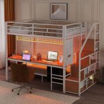 Lit mezzanine 3 places 140�200 et 90�200 cm bureau led et rangement - yeavio - sans matelas m�tal et ...