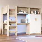 Lit mezzanine 90 � 200 cm avec espace de rangement g�n�reux bureau armoire biblioth�que et led sommier ...