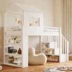 Lit mezzanine 90 � 200 cm avec grand espace de rangement barri�res de s�curit� escalier convertible sommier ...