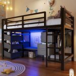 Lit mezzanine 90 * 200 cm avec lumi�res led coussins tiroirs de rangement escalier - matelas non inclus ...