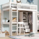 Lit mezzanine 90 x 200 cm avec bureau armoire 3 tiroirs rangements ouverts rambarde et escalier pin blanc ...