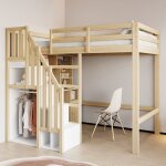 Lit mezzanine 90 x 200 cm lit enfant avec �tag�re de rangement et bureau lit simple en bois massif lit ...