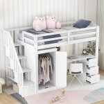 Lit mezzanine - blanc - 90 x 200 cm - avec penderie - bureau intégré - tiroirs inclus Lit mezzanine - blanc - 90 x 200 cm - avec penderie - bureau intégré - tiroirs inclus