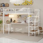 Lit mezzanine 90x190 cm - lit ado gain de place avec bureau en l et escalier garde - corps continu m�tal ...