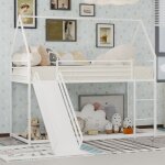 Lit mezzanine 90x190 cm - lit simple enfant style cabane avec acc�s par �chelle s�curis�e et toboggan ...