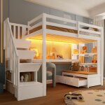 Lit mezzanine 90x200 blanc bureau int�gr� �tag�res 2 tiroirs escalier avec rangement gain de place
